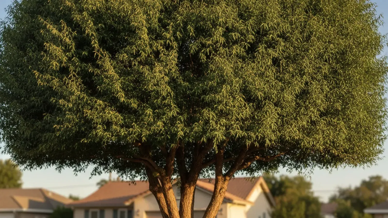 A mature African sumac tree with a dense rounded canopy and narrow trifoliate leaves in a residential garden setting.