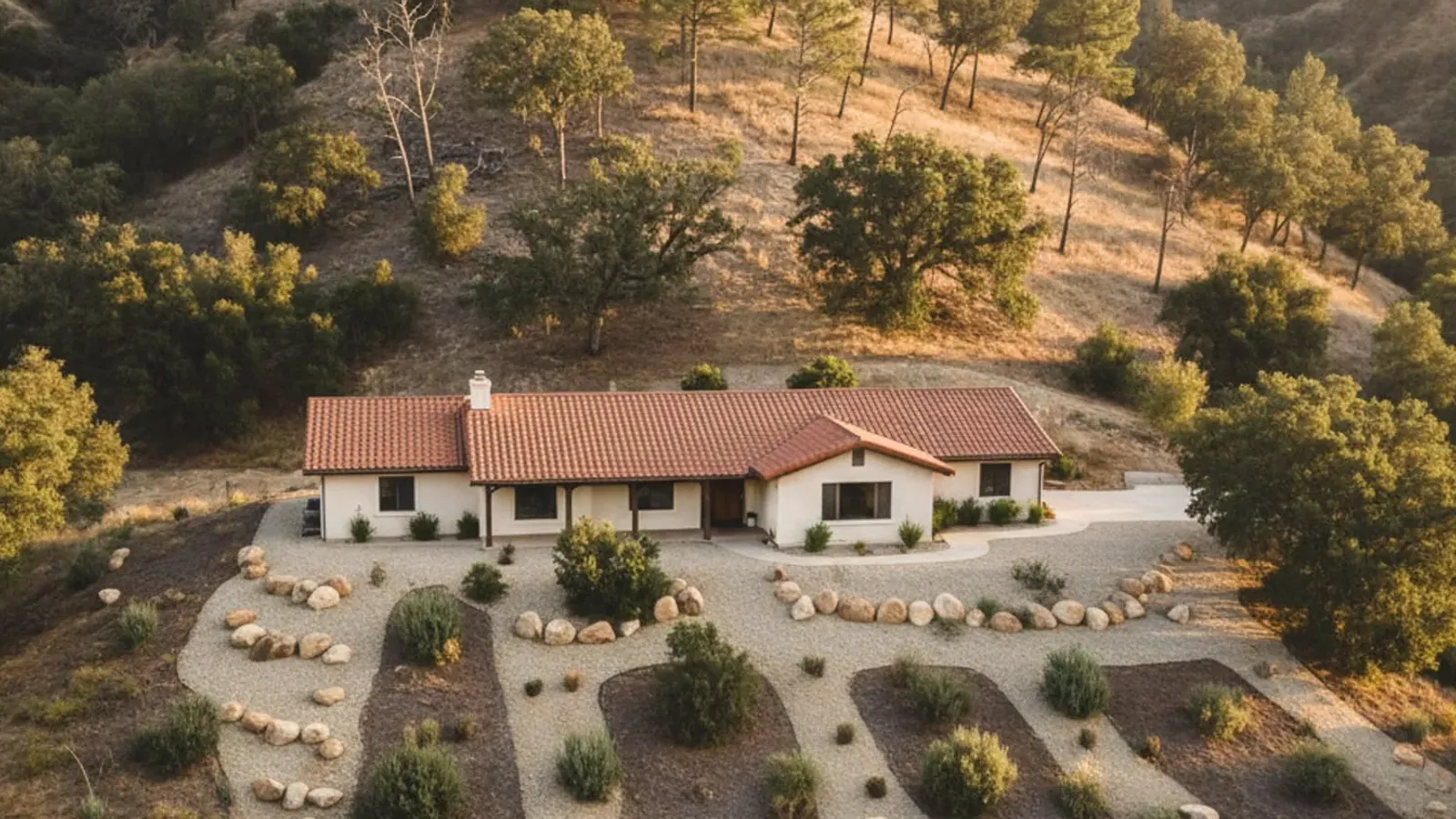 Vegetation cleared from a home's perimeter to reduce wildfire fuel near a structure.