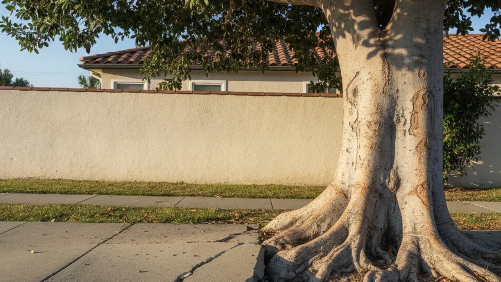 A broad-canopied evergreen tree with visible surface roots stands beside a lifted concrete paver strip in a residential yard.