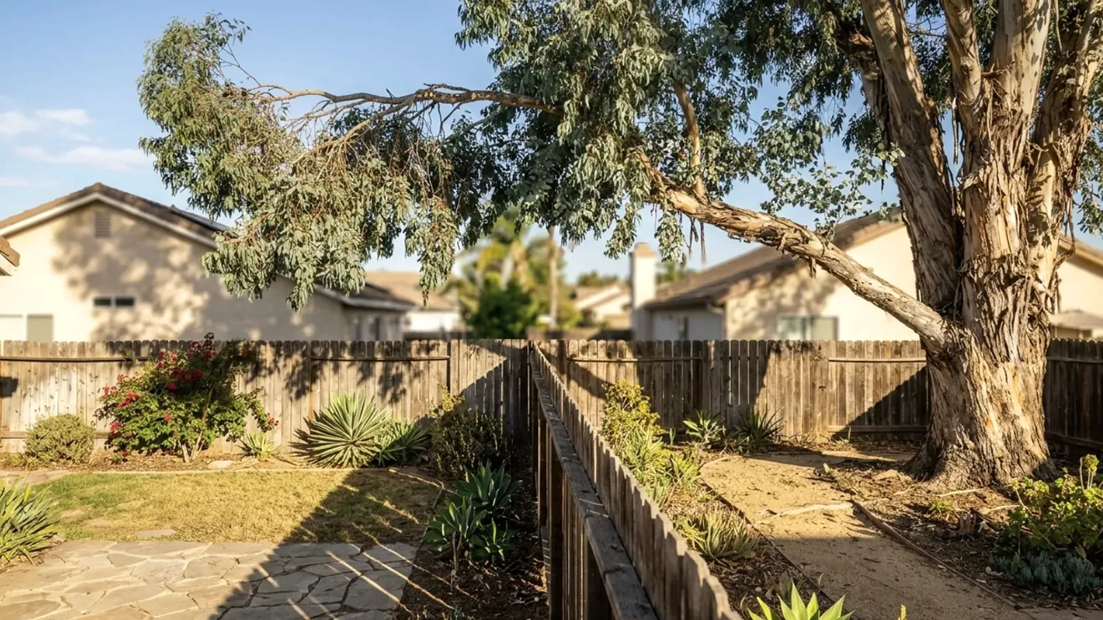 Large tree branches extending over a wooden backyard fence separating two residential lots.