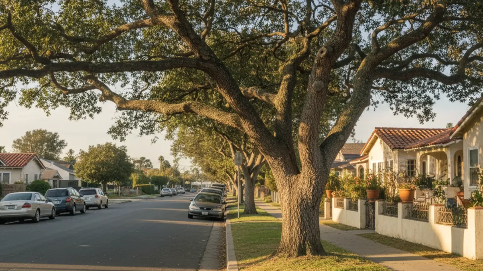A mature street tree near a sidewalk with a freshly painted curb marking.