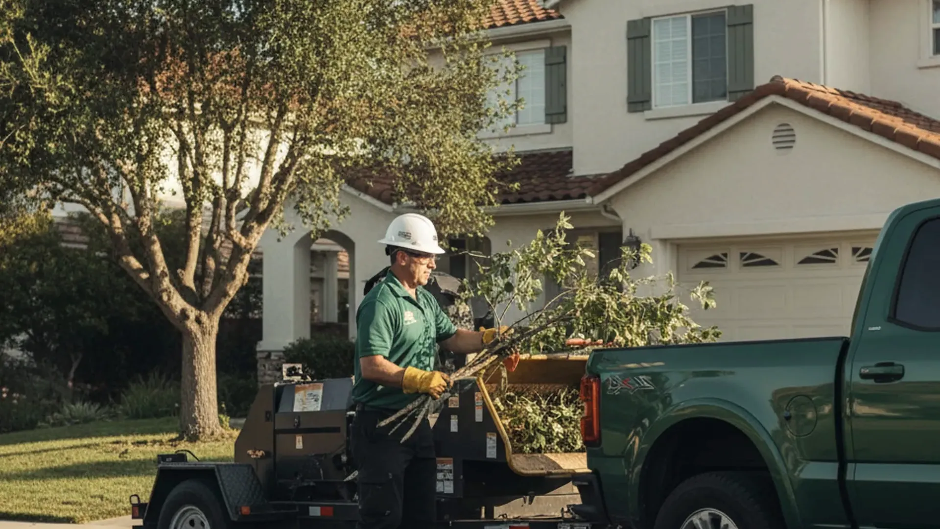 Drawing showing someone holding limbs next to a green truck and chipper parked by a home