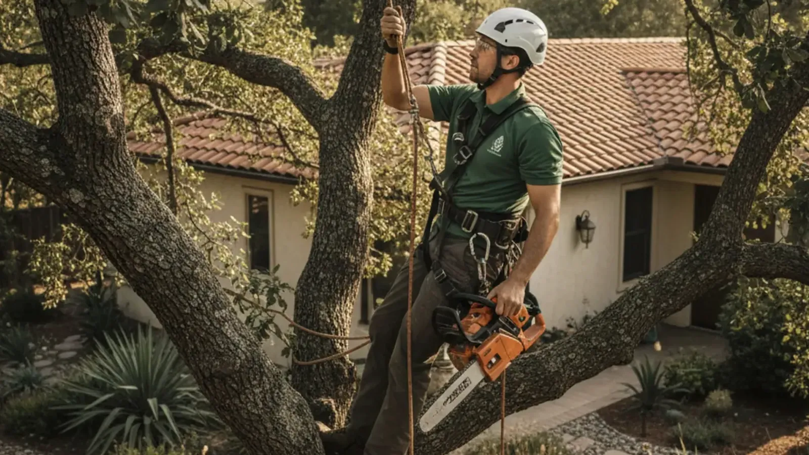 Drawing showing an arborist climbing high limbs while holding rigging gear and a power saw beside a residential building
