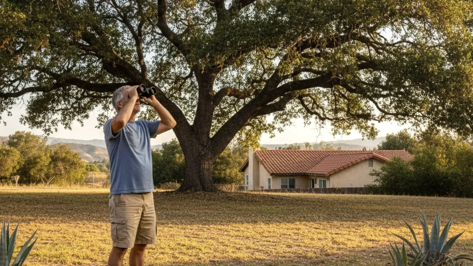 A man standing next to a tree looking through binoculars