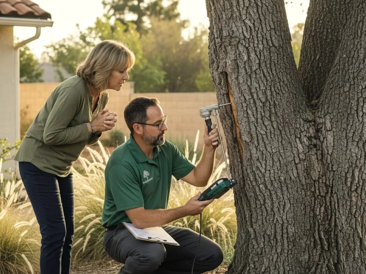 Drawing of two people looking at a forked tree trunk with a handheld tool and clipboard.