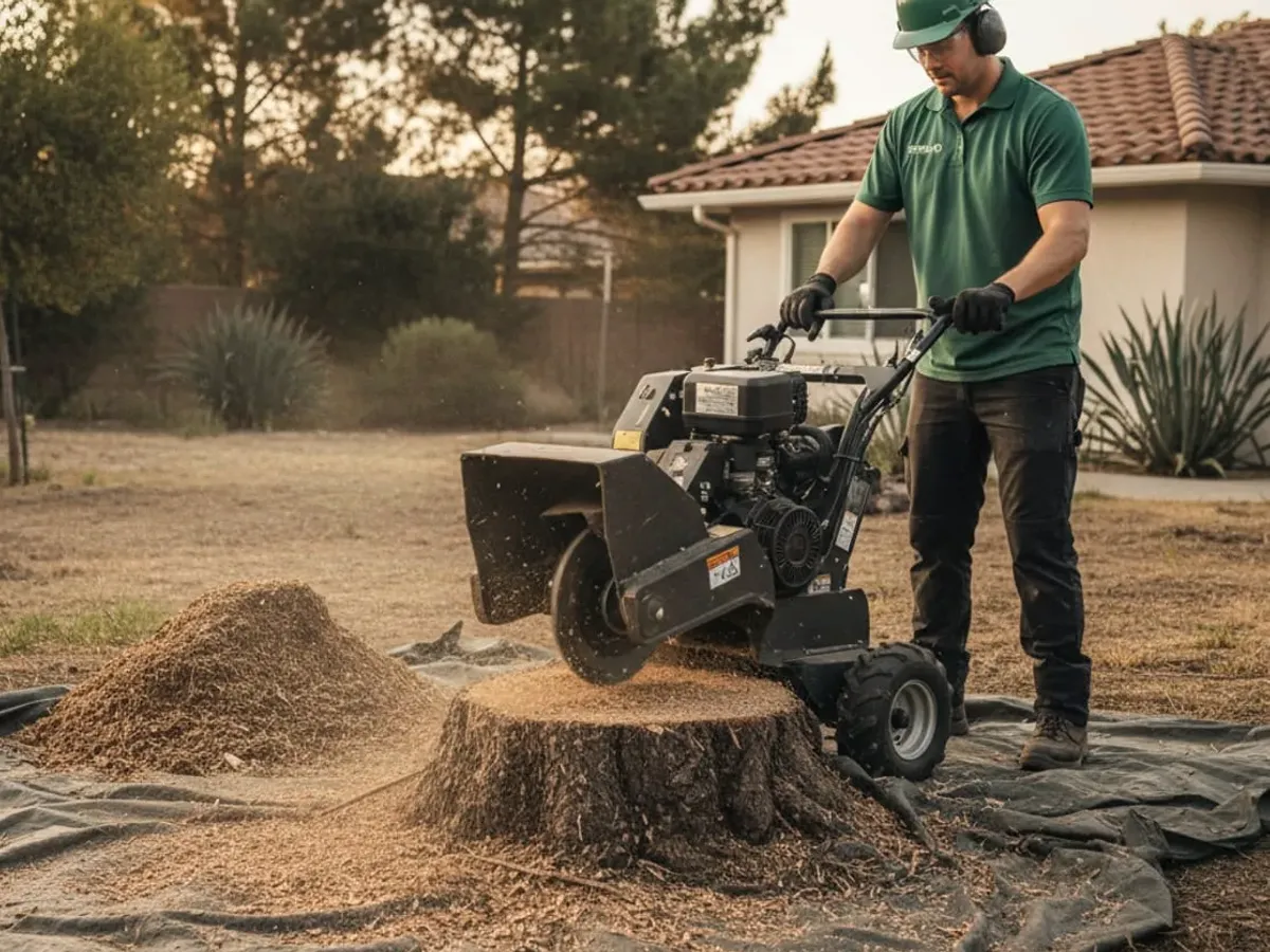 Sketch of a person running a compact grinder beside a residential stump.