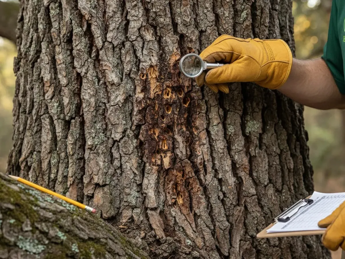 Drawing of a magnifying glass held close to simplified holes in tree bark.