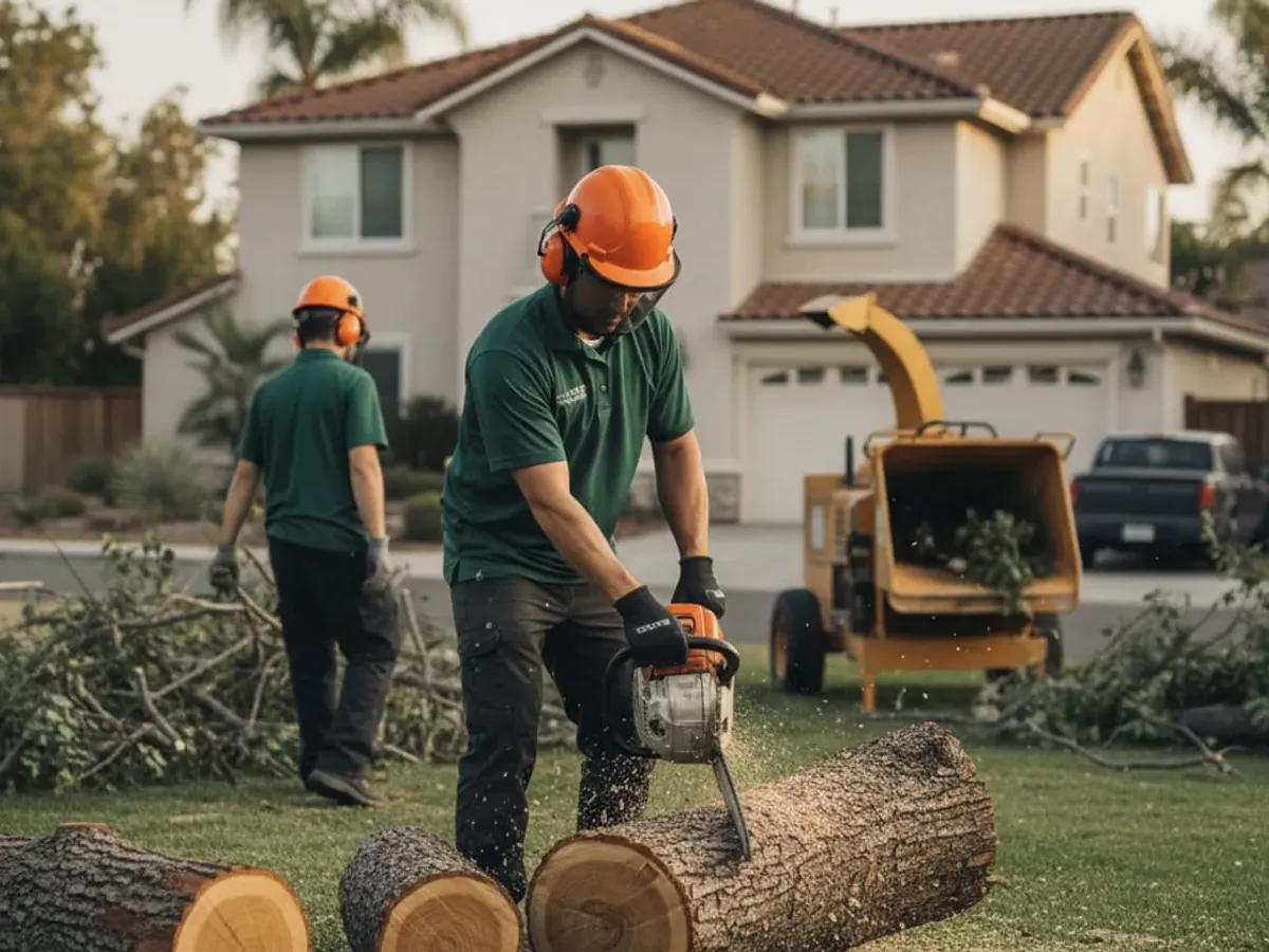 Drawing of two crew members standing beside cut logs in a yard near a home.