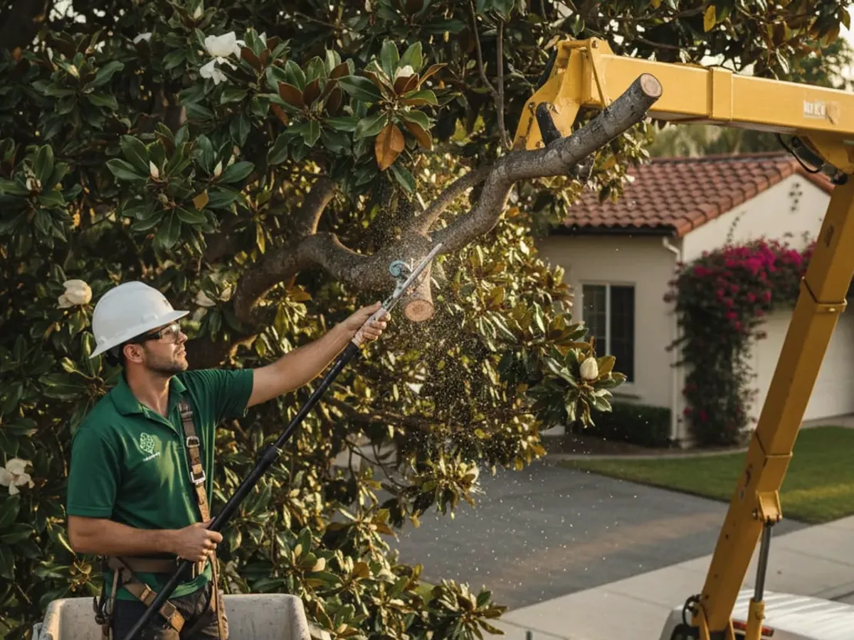 Drawing of a person in a bucket lift with a pole saw next to a blooming tree's upper branches.